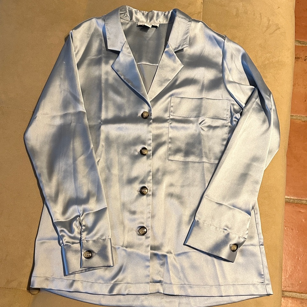 Topshop oversized silver blue shiny button up Blouse
